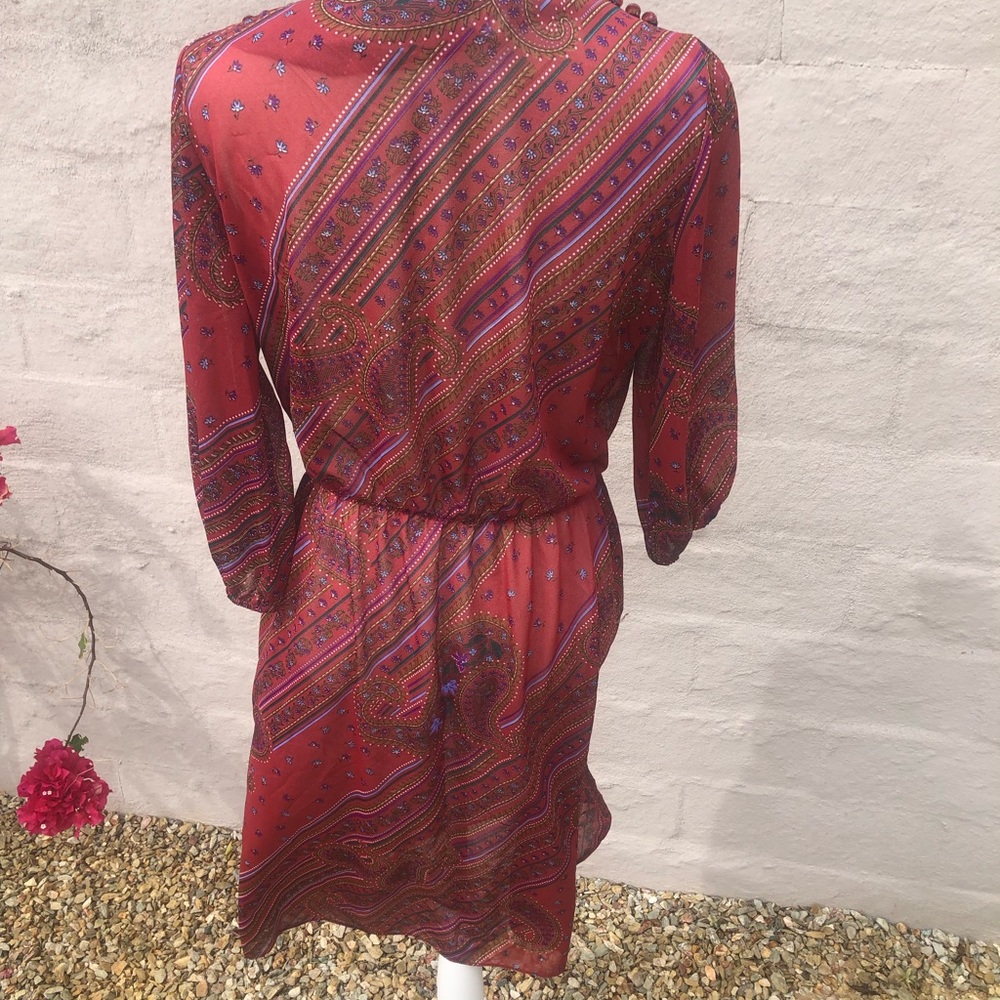 Vintage 70s sheer boho paisley dress with button detail cinched three quarter - Picture 10 of 16
